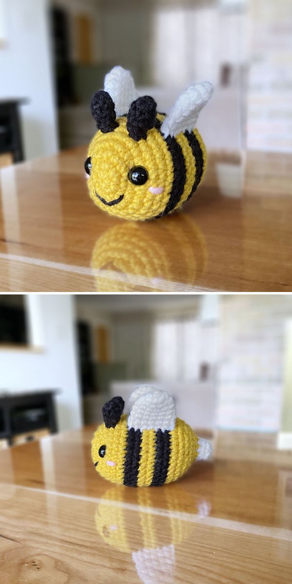 Two pictures of a crocheted bee sitting on a table.