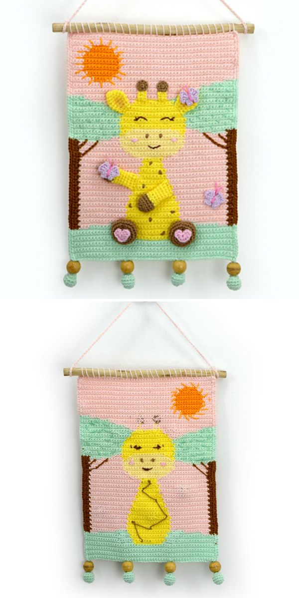 Two crocheted wall hangings show a giraffe in a sunny landscape—one with detailed features and crochet celtic knot accents, the other with a simplified design and minimal embellishments.