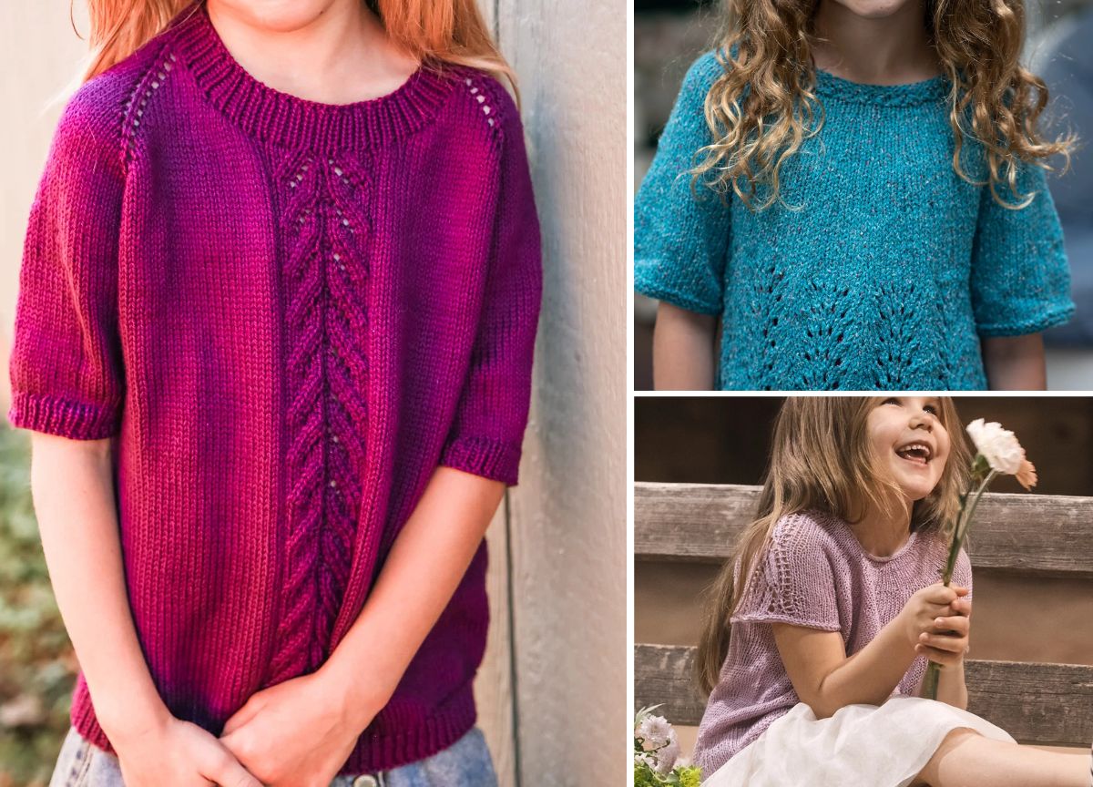 Three children wear short-sleeved knit sweaters in magenta, teal, and lavender while posing outdoors. Each of these unique tops showcases distinct knitting patterns, including various cable and lace designs on the front.