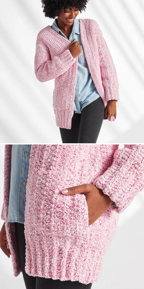 a black woman in a pink knitted cardigan