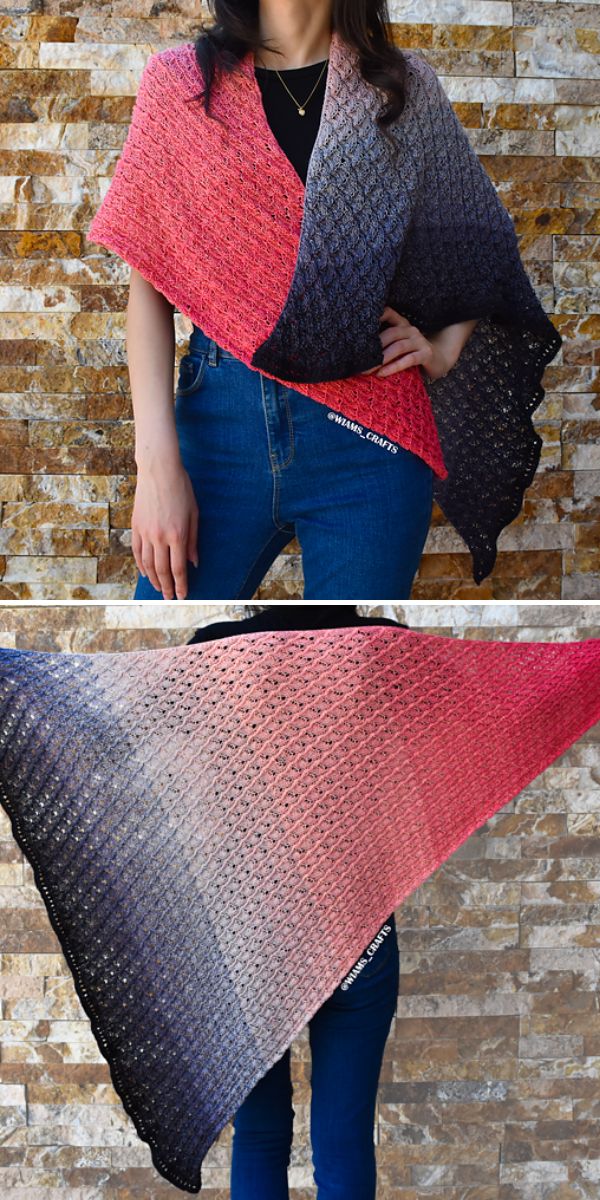 A person models a triangular knit shawl with a gradient pattern transitioning from pink to gray to black, standing against a stone wall—perfect inspiration alongside your search for free crochet patterns for baby dresses.