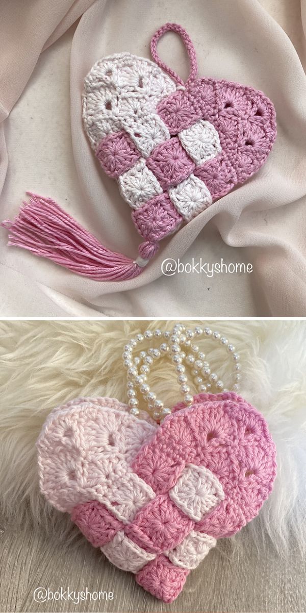 A pink and white crocheted heart with a tassel, perfect for lovers of crochet hearts.