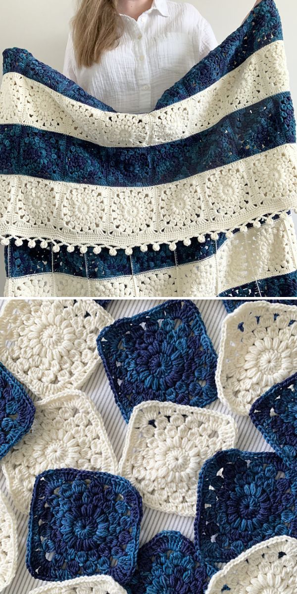 A person holds up a crocheted blanket featuring alternating rows of blue and white granny squares; a close-up shows the detailed stitching and color pattern, perfect inspiration for those seeking free crochet patterns for baby dresses.
