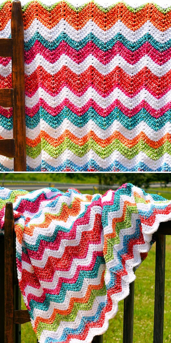 A colorful crocheted afghan on a wooden bench with free crochet patterns for baby dresses displayed nearby.