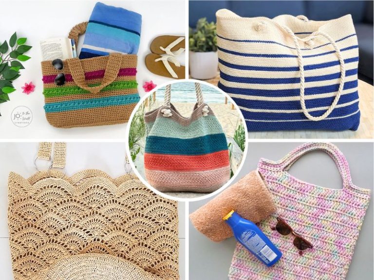 Collage of five crochet beach bags in different patterns and colors, including a stylish raffia crochet bag, some shown with beach accessories like towels, sandals, and sunscreen.
