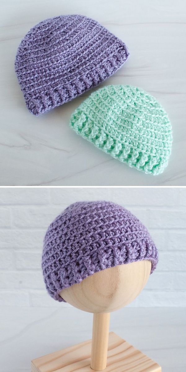 Two crocheted beanies, one purple and one mint green, are shown on a flat surface. Featuring stylish designs perfect for any season, these beanies are inspired by the Best 2023 CALs. The purple beanie is also displayed on a wooden mannequin head.