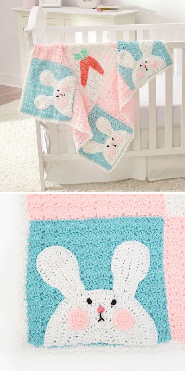 A crochet bunny blanket is draped over a crib with a baby.
