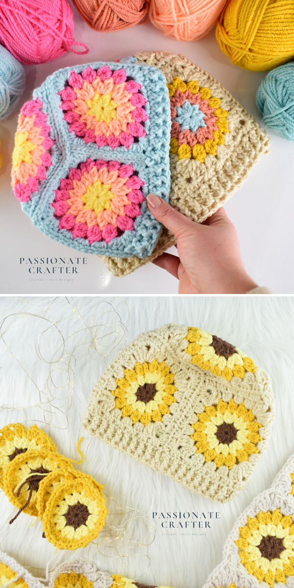 Two crocheted granny square hats with colorful patterns are shown among yarn balls, showcasing one of the best 2023 CALs; one hat is held in a hand, while the other lies flat beside more granny squares in progress.