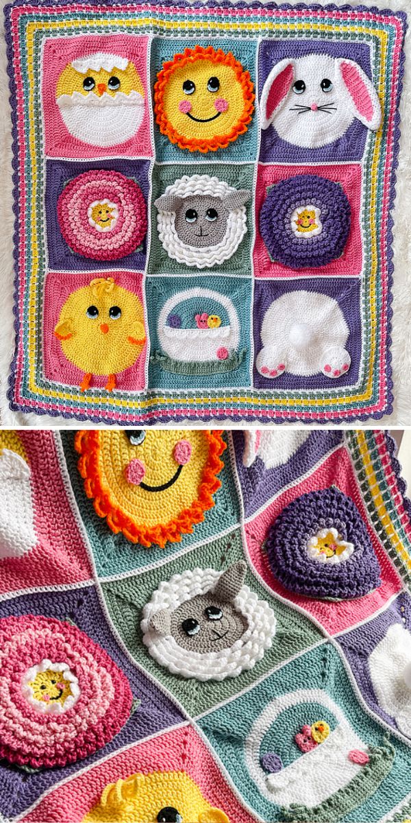 An adorable easter afghan featuring a crocheted bunny and sheep.