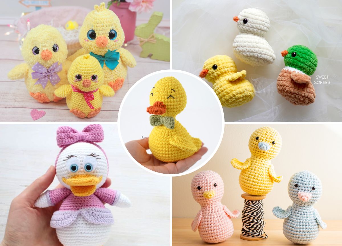 a collection of crochet duck and chick amigurumi