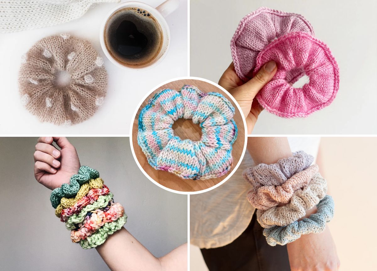 a set of stylish knitted scrunchies