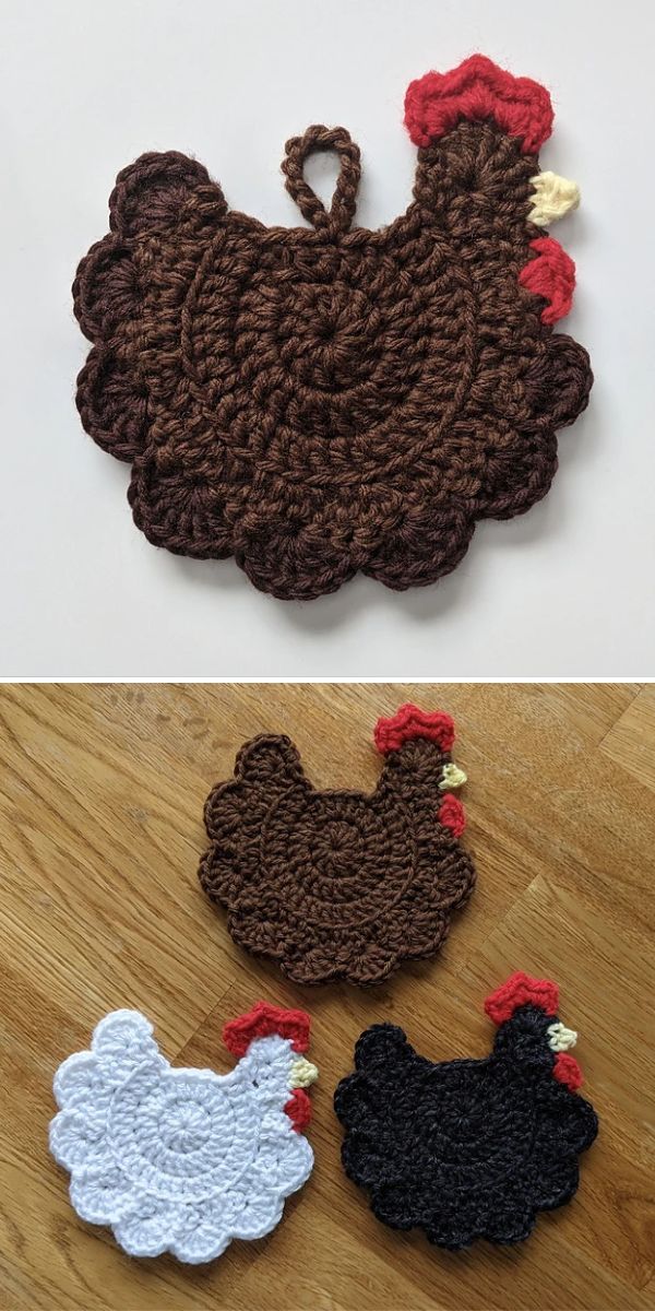 An Easter-themed crocheted rooster on a wooden floor.