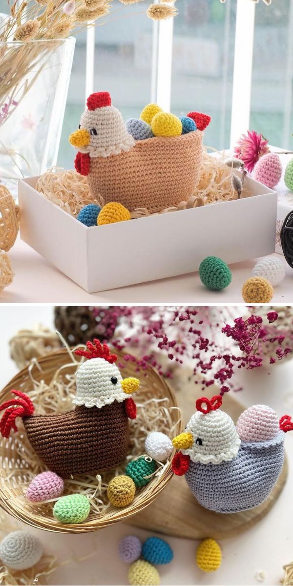 An Amigurumi rooster sits in a basket with eggs, perfect for Easter decorations.