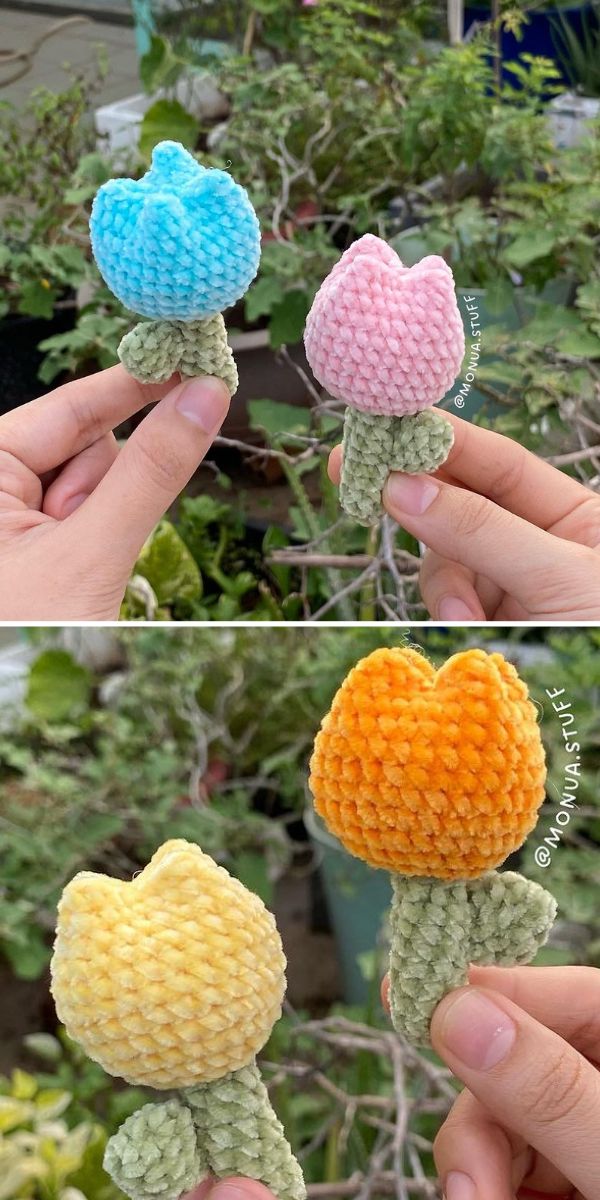 person holding crochet tulips