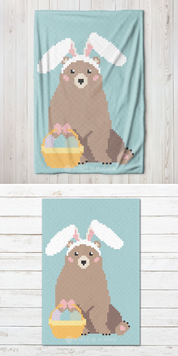 A crocheted bunny with bunny ears holding a basket of Easter eggs.