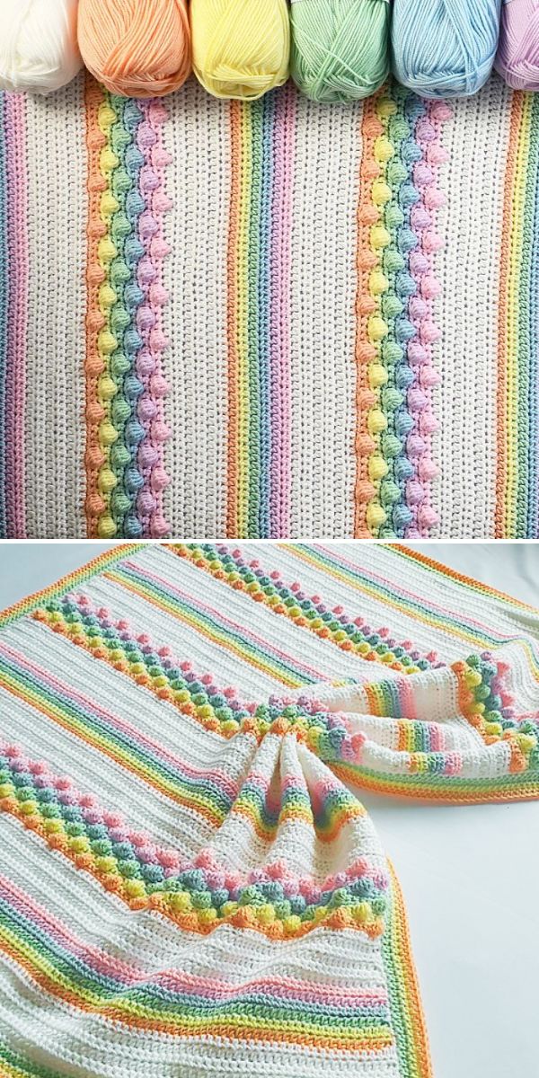 A crocheted blanket with vertical pastel rainbow stripes and textured patterns, shown folded and unfolded, with matching yarn skeins above it—perfect for those seeking unique crochet baby blankets.