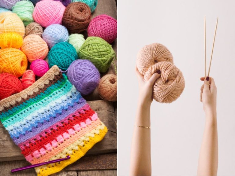 Two pictures of a woman knitting needles.