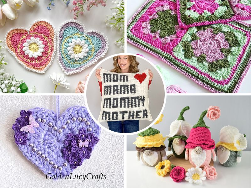 a collage of handmade crochet items perfect for Mother's Day