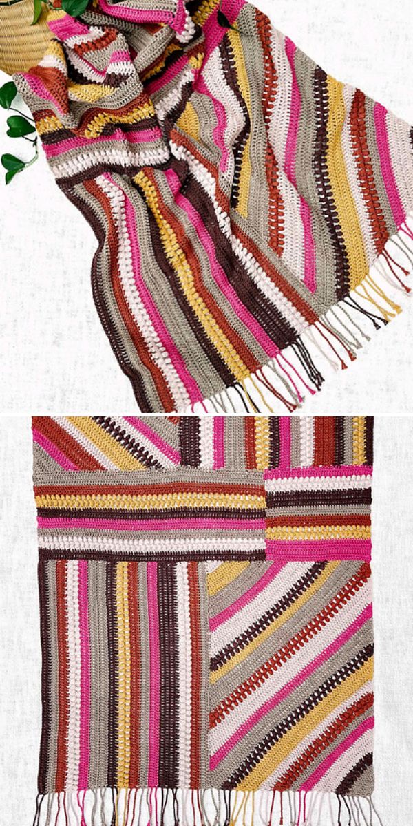 A multicolored striped crochet baby blanket with fringe, featuring a mix of vertical, horizontal, and diagonal patterns in shades of pink, brown, beige, and yellow.