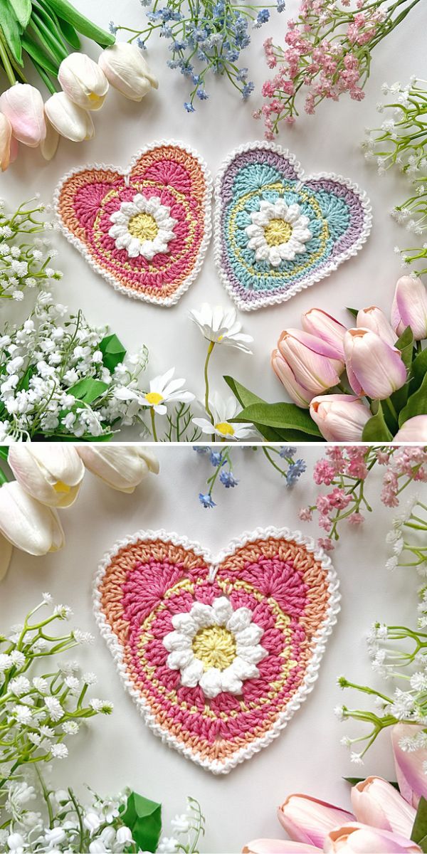 Two pictures of crocheted hearts and flowers perfect for Mother's Day.