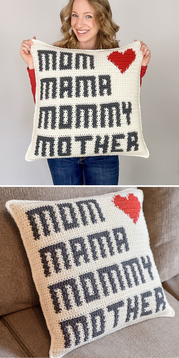 In honor of Mother's Day, a woman proudly displays a crochet pillow that says "mommy mother.