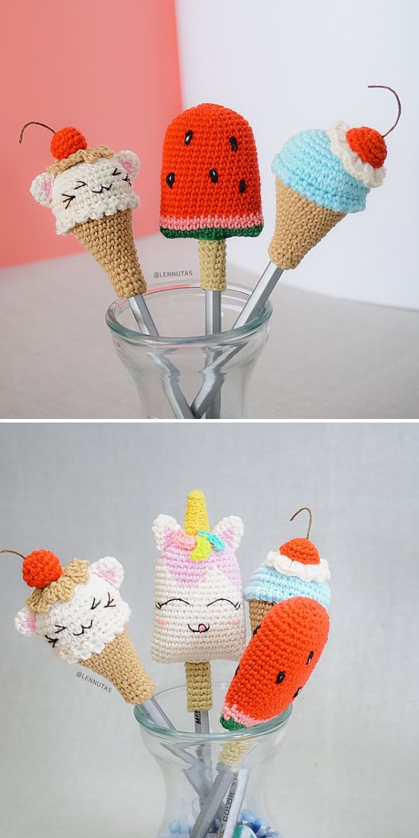 Two photos show five crochet pen toppers—cat with a cherry, watermelon slice, ice cream cone, unicorn, and popsicle—arranged in a glass jar, adding a playful touch alongside matching crochet baby blankets.