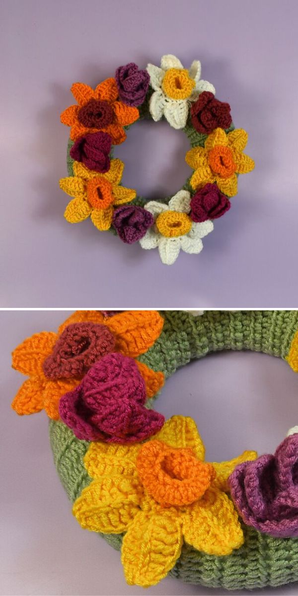 A Mother's Day wreath adorned with crocheted flowers.