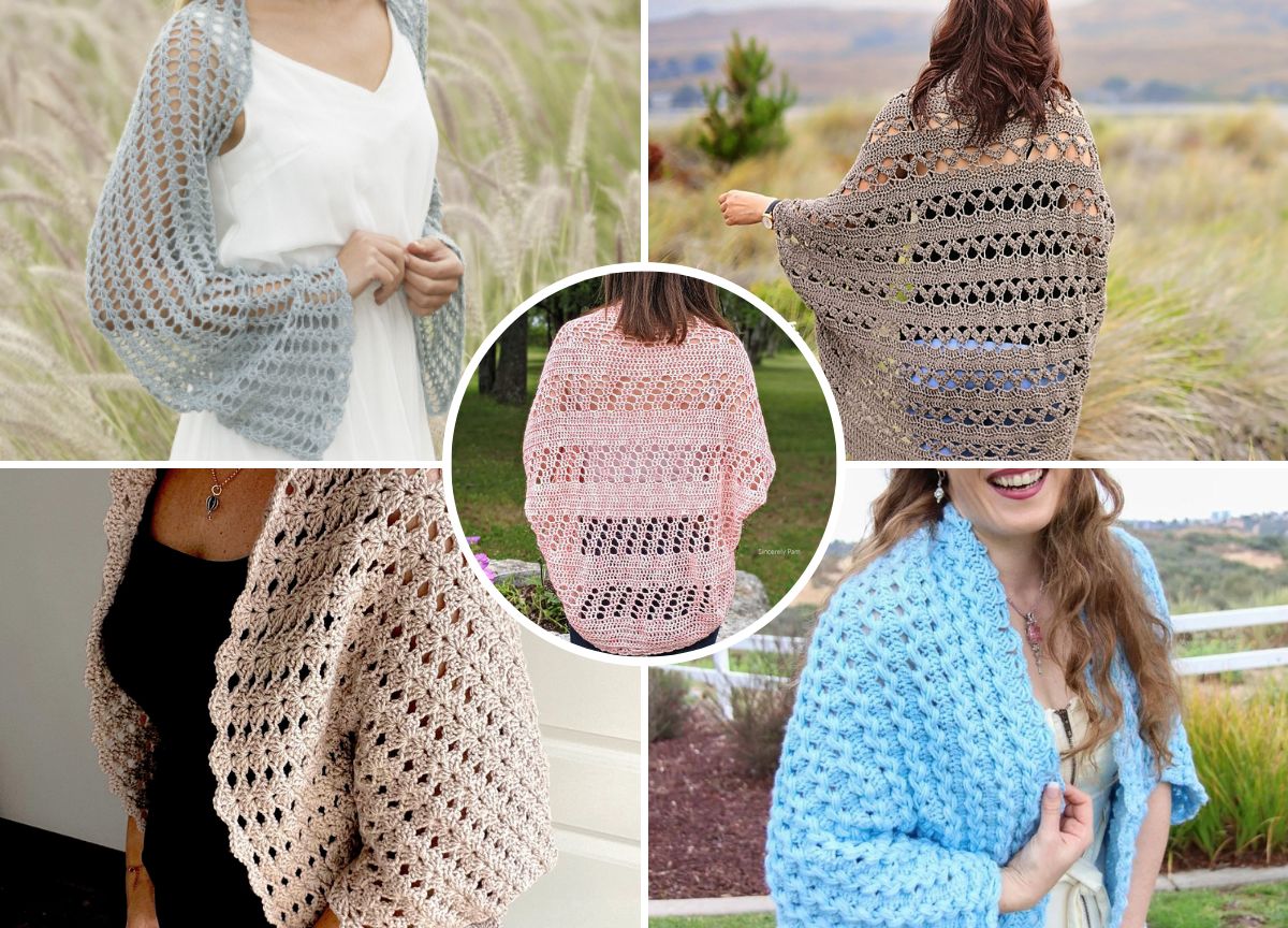 Five women model different crocheted shawls and shrugs in various colors and crochet patterns, displayed outdoors and against neutral backgrounds.