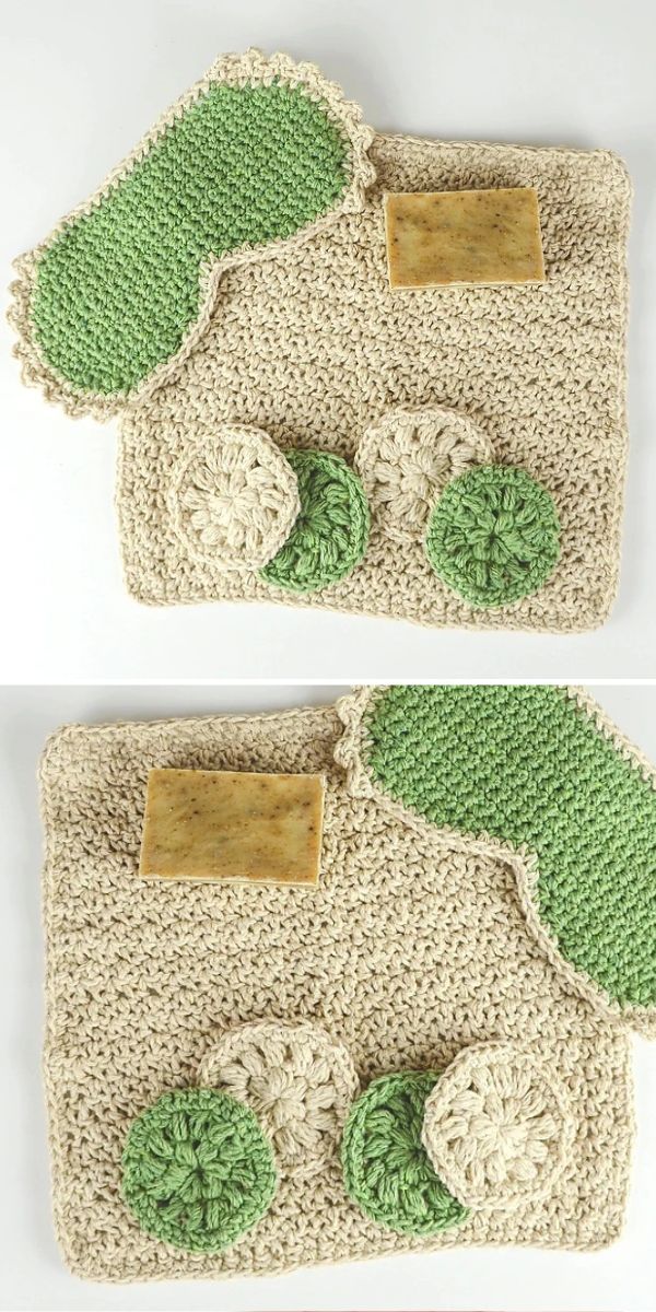 Two Mother's Day crochet bath mats featuring green leaves.