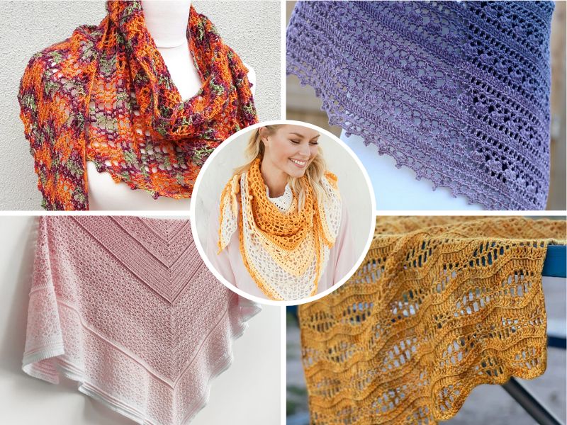 A collage of various hand-crocheted shawls displaying different patterns and colors.