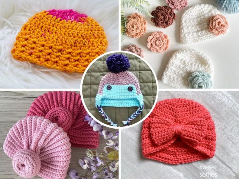 A collage of crocheted hats and mittens with gingham patterns.