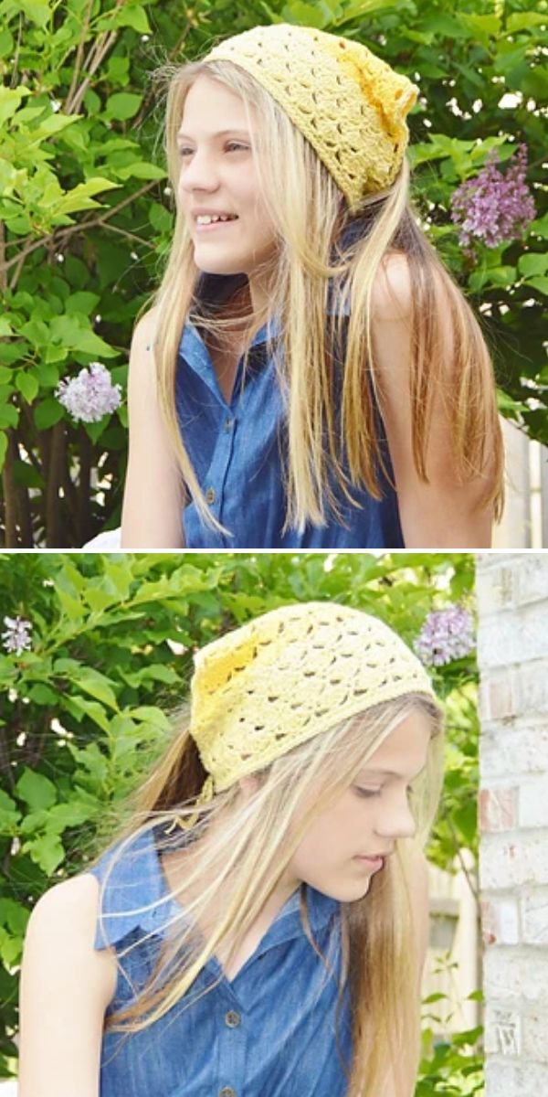 A person with long blonde hair wearing a yellow crochet beanie and a sleeveless denim shirt stands outside near green plants.