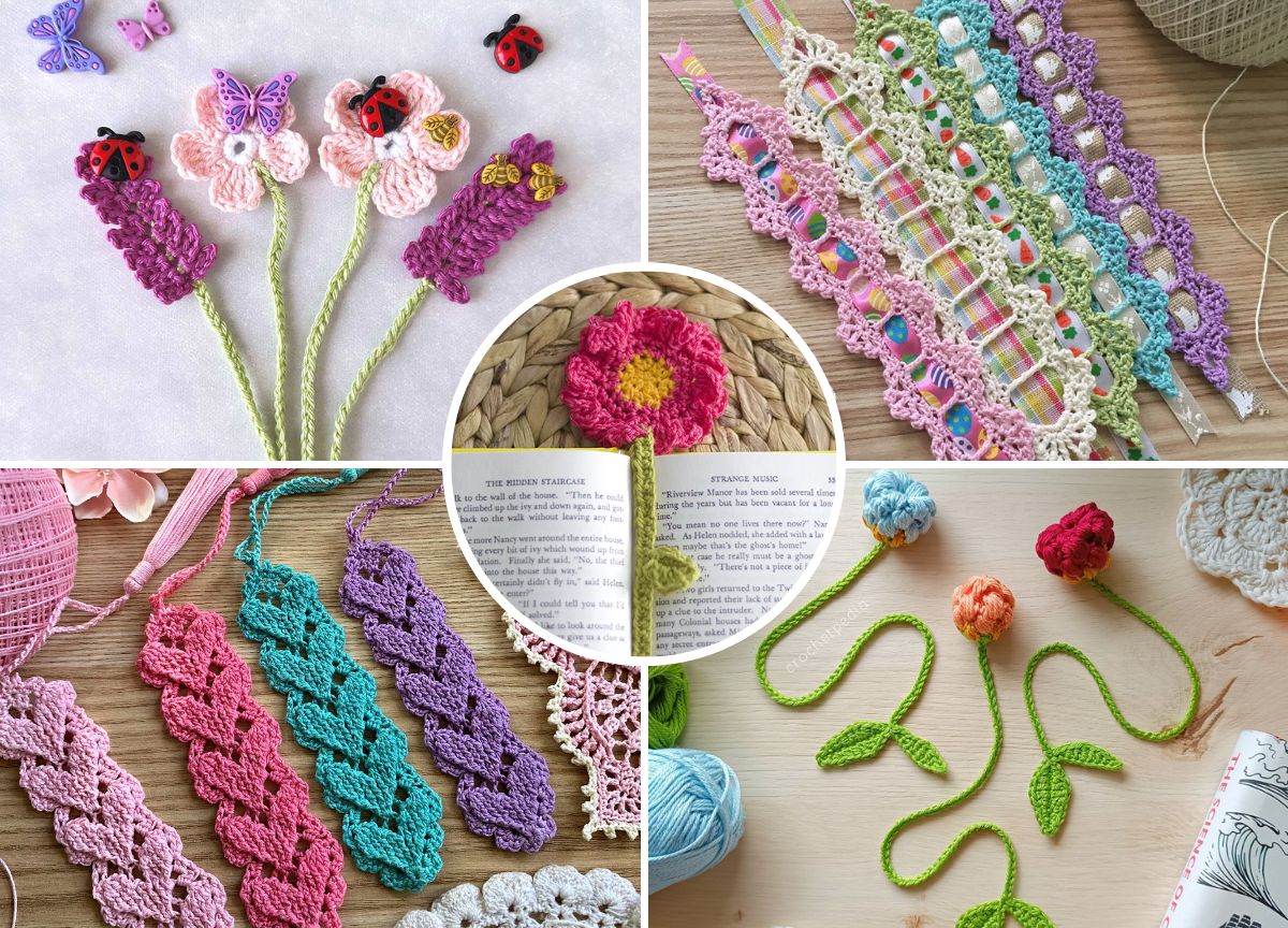 a collection of crochet bookmarks with elegant lacy designs and flower shapes