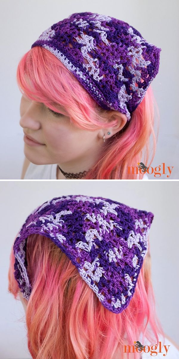 A person with pink hair models a crocheted purple and light lavender headscarf, shown from a front angle and a side angle.