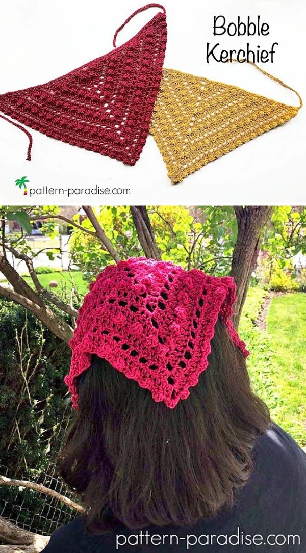 Two crocheted triangle kerchiefs, one red and one yellow, are shown; a person wears the red kerchief outdoors in the lower image.