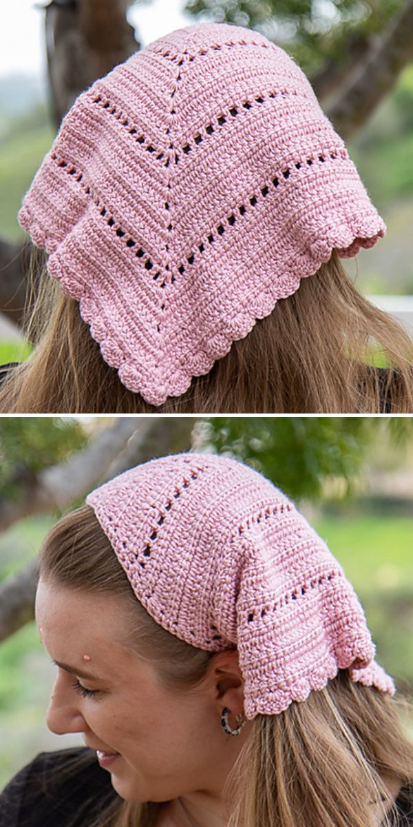 A person wearing a light pink, crocheted headscarf with a scalloped edge and chevron pattern, shown from the back and side.
