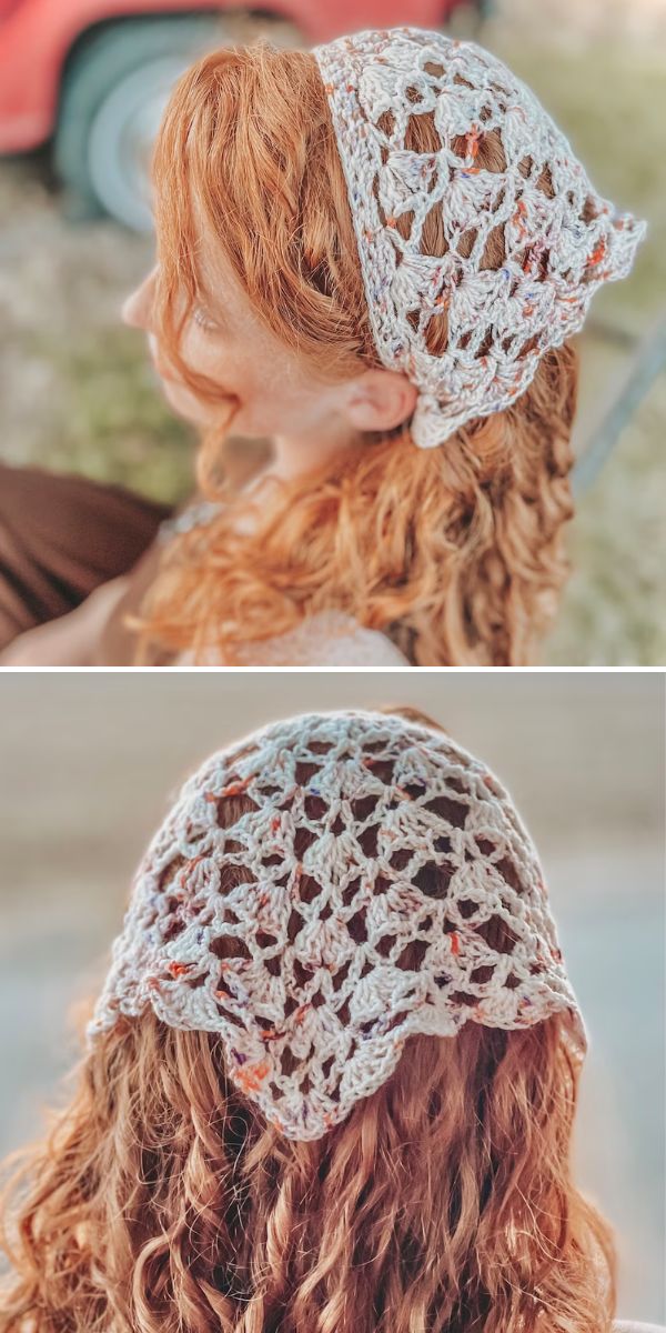 A person with wavy red hair wears a light-colored, crocheted lace headscarf, shown from a side and back view.