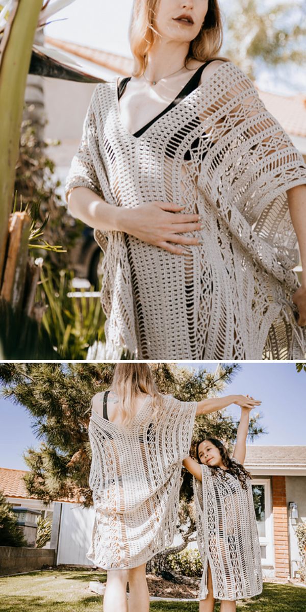 Two people outdoors, one wearing a light, loose-knit crochet cover-up over dark clothing. They pose in a sunlit yard with greenery and a building in the background.