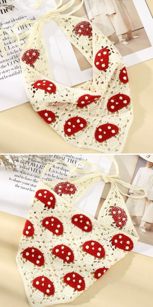 Two images showing a cream-colored crocheted halter top decorated with red and white mushroom patterns, laid flat on a surface with papers in the background.