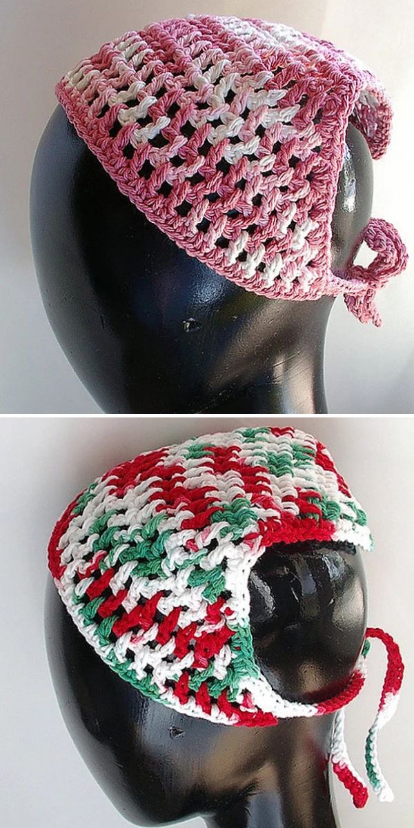 Two crochet hats with open tops are shown on a black mannequin head; one is pink and white, the other is red, white, and green. Both hats have ties at the back.