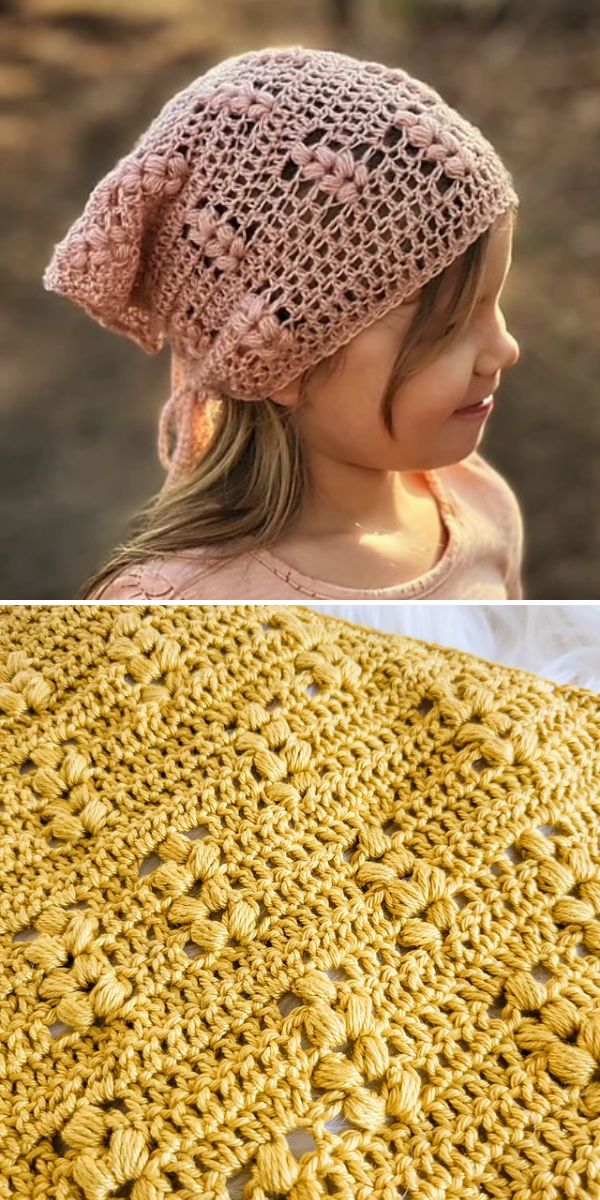 A young girl wears a pink crocheted headscarf with a textured pattern; below is a close-up of yellow crocheted fabric showing a similar floral motif.