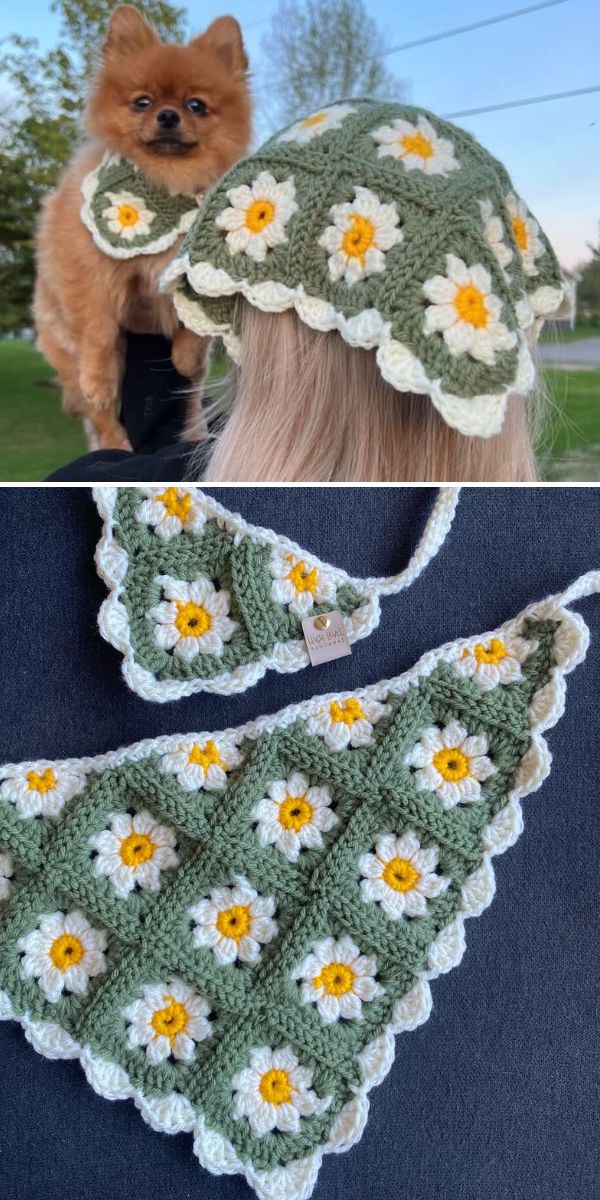 A person and a small dog both wear matching green crochet accessories decorated with white and yellow flowers; accessories are shown close-up below.