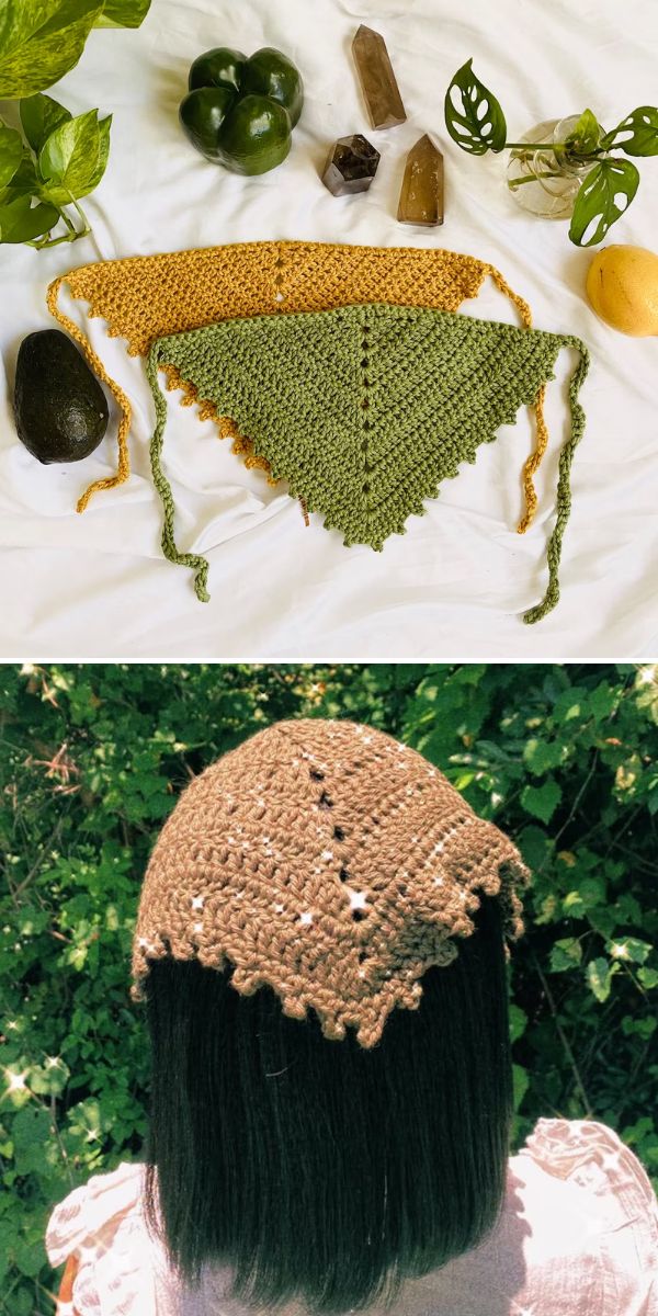 Two crocheted bandanas, one mustard yellow and one olive green, displayed on a white surface, with one shown worn on a person's head outdoors.