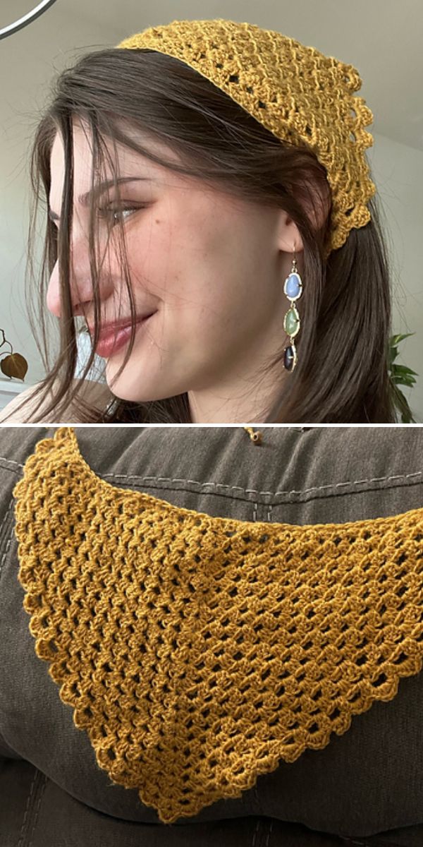 A woman wears a yellow crocheted headscarf, shown in close-up on her head and laid flat on a couch.