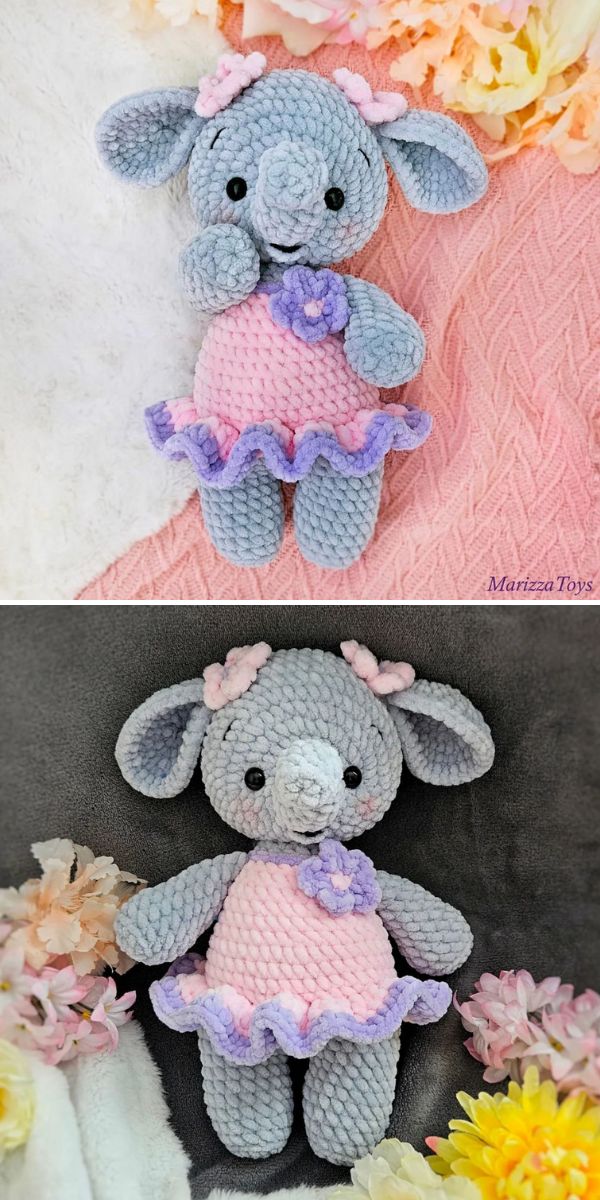 Two photos of a plush gray elephant toy wearing a pink and purple dress with bows, displayed on different textured backgrounds with flowers nearby.