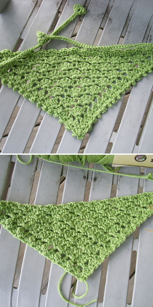 Two photos of a green crocheted triangular piece with a textured pattern, displayed on a slatted white surface. The piece has a drawstring at the top.