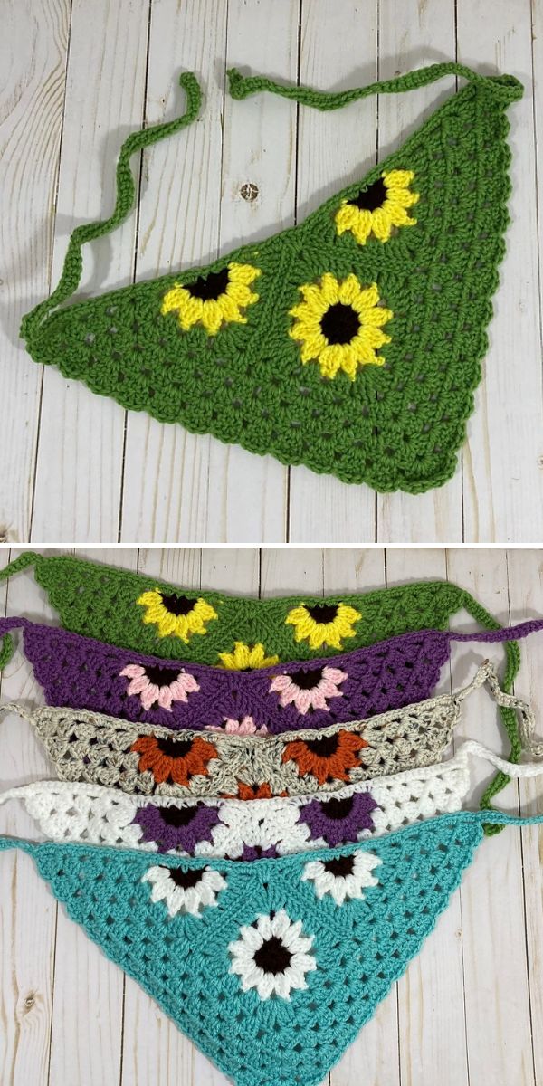 Crocheted triangular bandanas with sunflower and floral patterns in various colors, displayed stacked and individually on a wooden surface.
