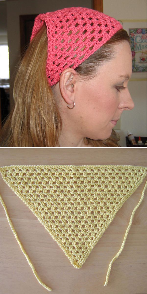 A person wearing a pink crocheted headscarf; below, a yellow triangular crocheted headscarf with ties is displayed on a table.