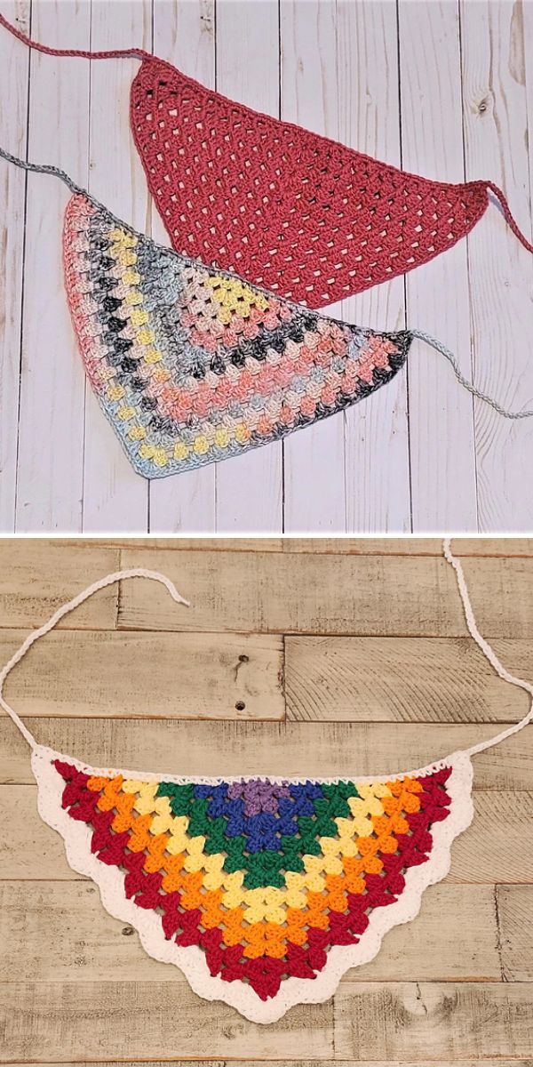Three crocheted triangular bandanas are shown in different colors and patterns, displayed on wooden surfaces.