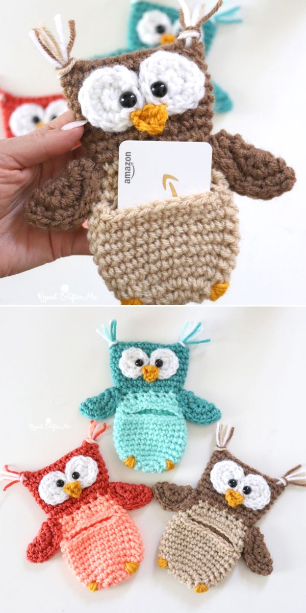 Three crocheted owl-shaped pouches, one brown holding a card, and two others in red and teal, displayed on a white surface.